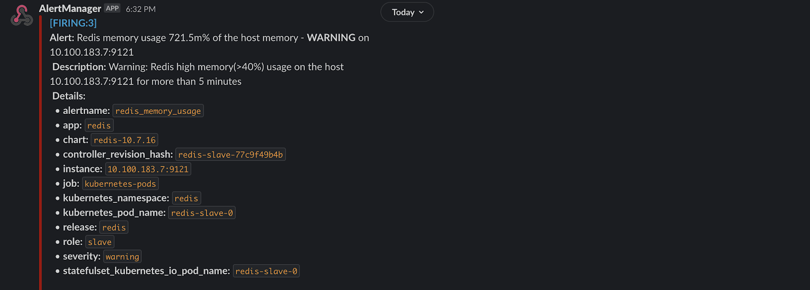 Уведомление Alertmanager о превышении потребления памяти Redis в Slack