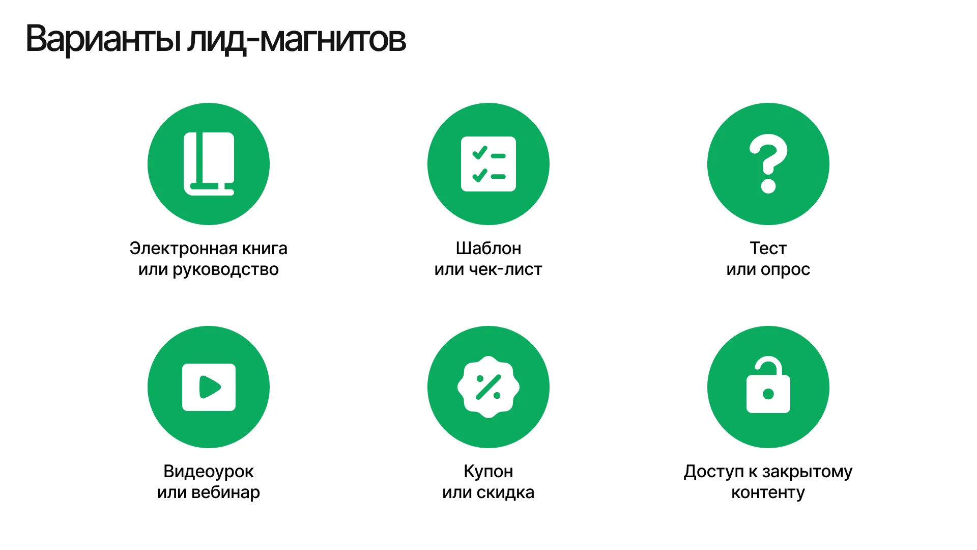 Основные виды лид-магнитов: книга, шаблон, тест, видео, скидка и закрытый доступ
