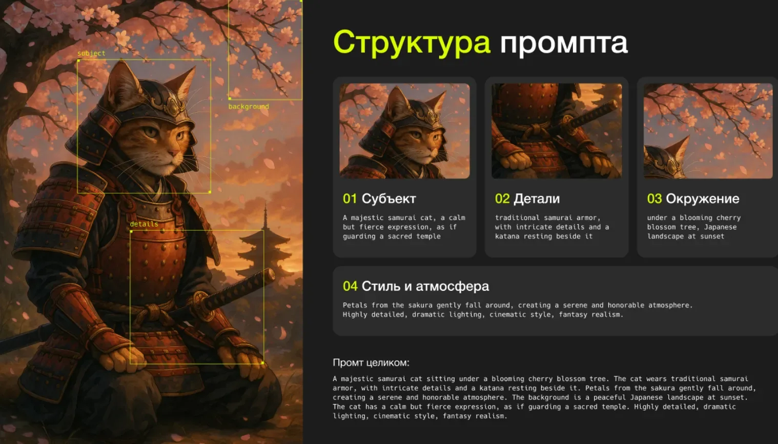Структура промпта из субъекта, деталей, окружения и стиля