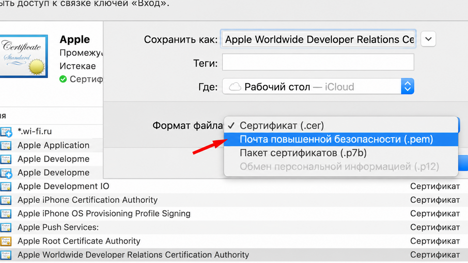Экспорт сертификата Apple Worldwide Developer Relations из Keychain