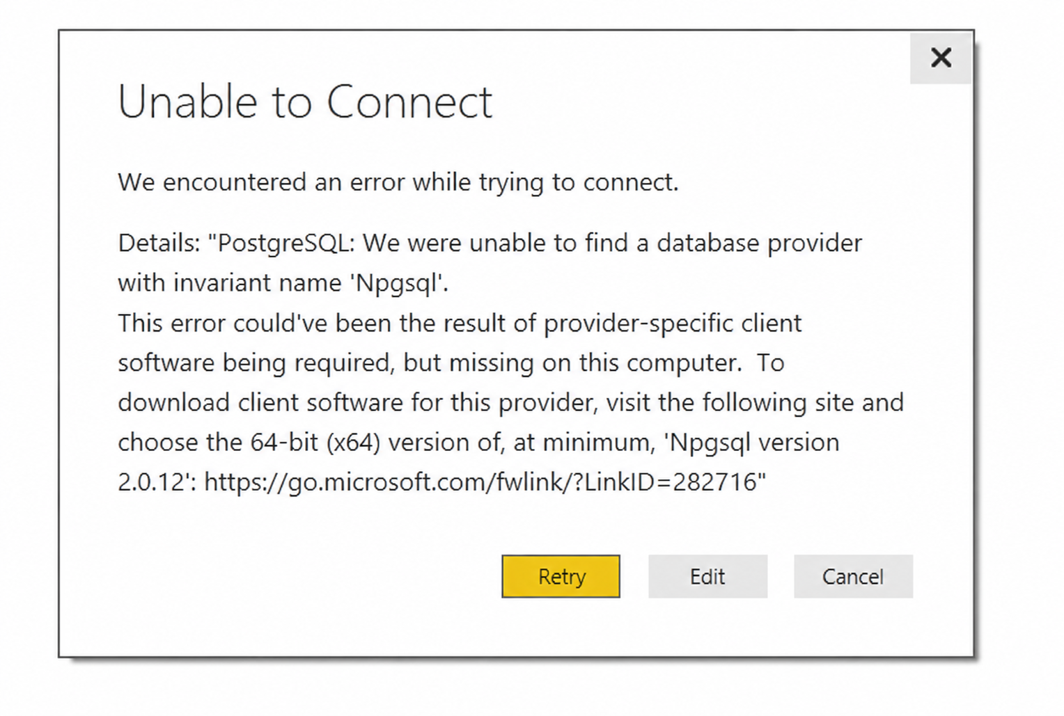 Ошибка подключения Power BI к PostgreSQL без драйвера Npgsql