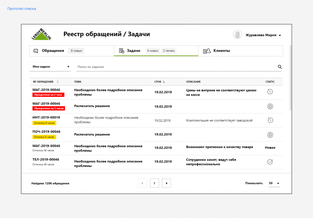 Детали прототипа интерфейса обращения