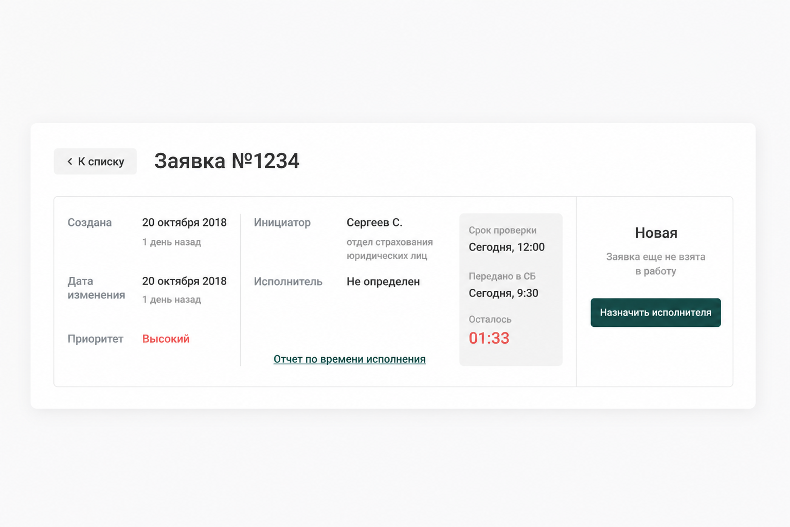 Карточка заявки с таймером исполнения
