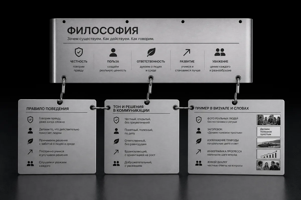 Обложка к словарной статье «Философия бренда», предметно объясняющая значение термина.