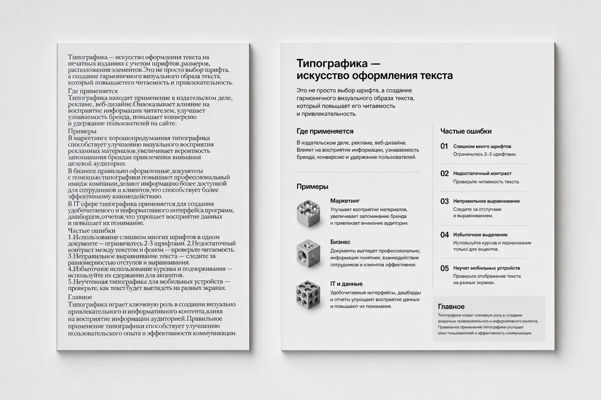 Типографическая сетка с заголовком, основным текстом и шкалой размеров шрифта.