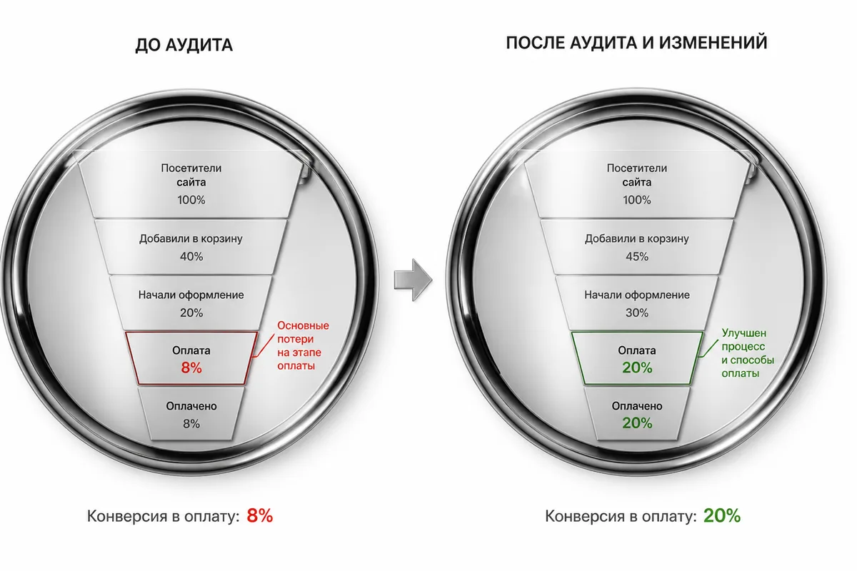 Аудит продаж: анализ этапов воронки, конверсии и точек потери клиентов