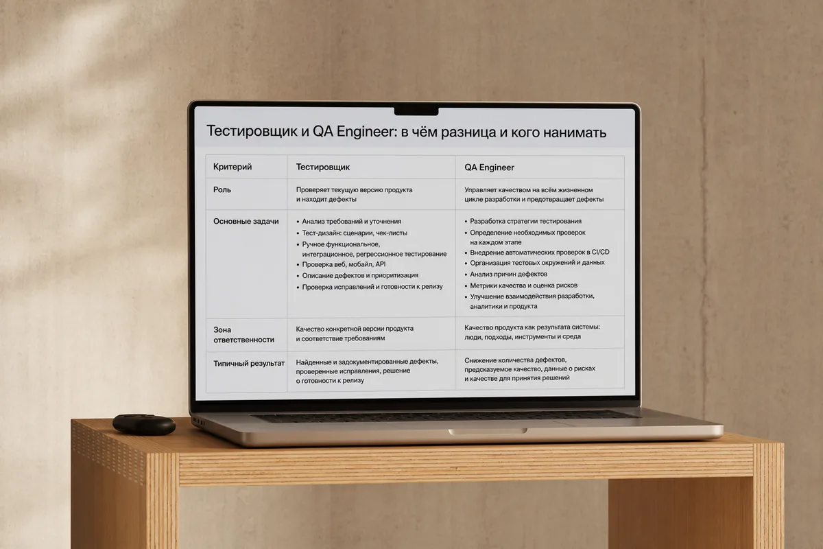 Сравнение задач QA-инженера и тестировщика