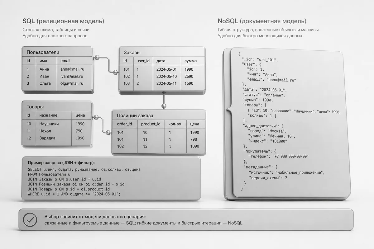 Сравнение SQL и NoSQL для мобильного приложения показывает модели данных, запросы и производительность