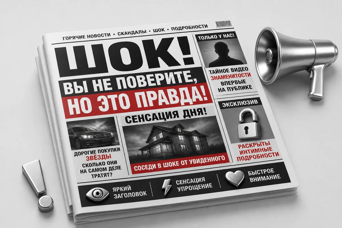 Таблоидная газетная полоса с крупным заголовком и короткими новостными блоками.