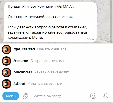 Приветствие и меню HR-бота AGIMA AI в Telegram