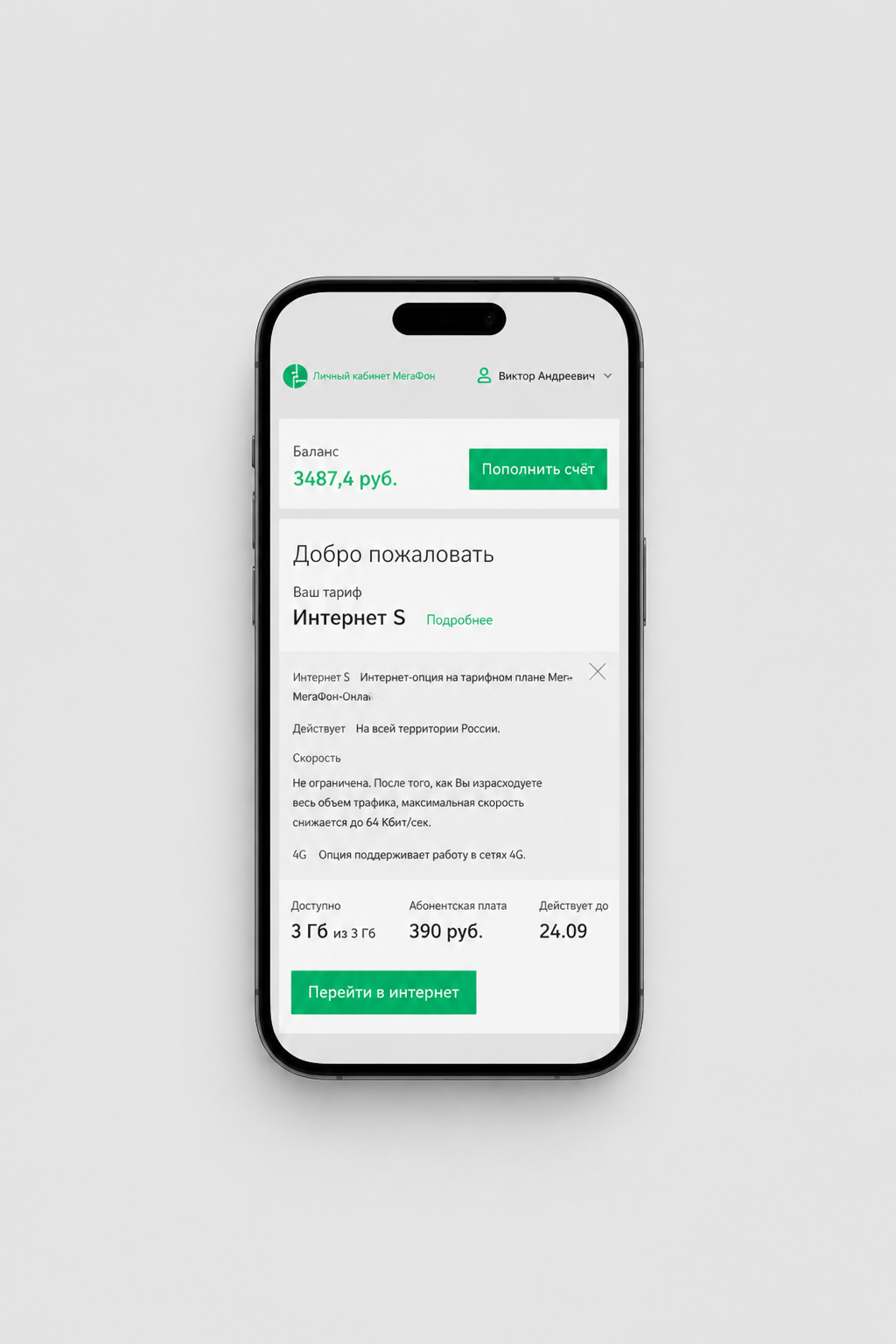 Стартовая страница мобильного интернета МегаФона на телефоне