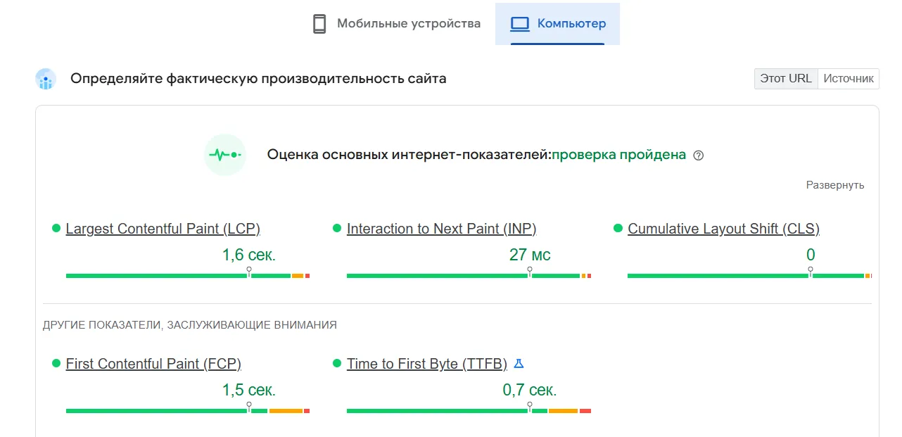 Отчёт PageSpeed Insights с показателями LCP, INP и CLS