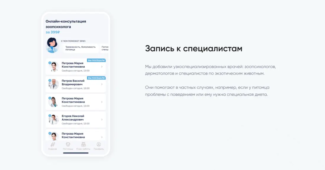 Экран выбора видеоконсультации с ветеринаром в Petstory