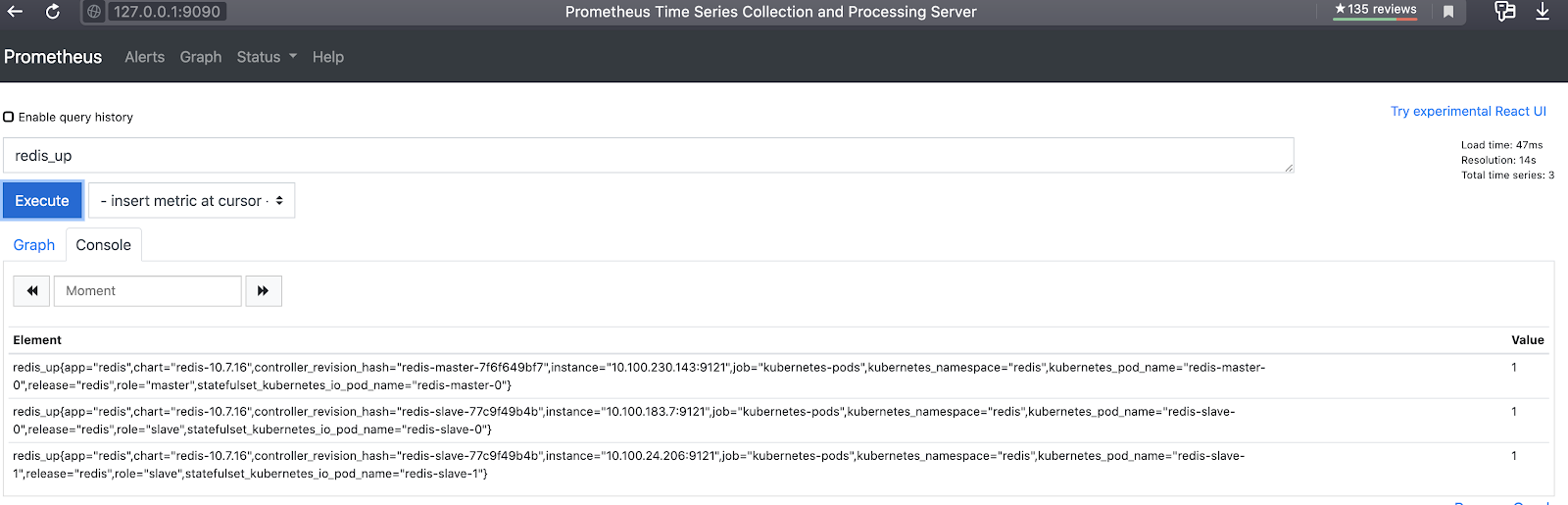 Результат PromQL-запроса redis_up для проверки Redis exporter