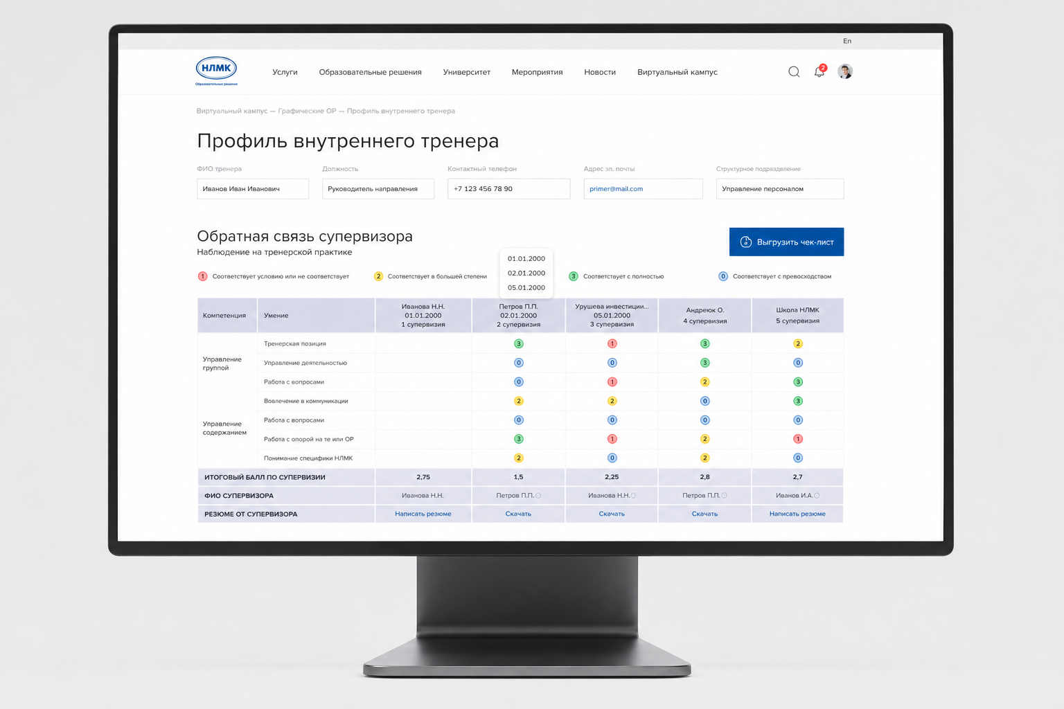 Профиль тренера и оценки супервизии в системе НЛМК