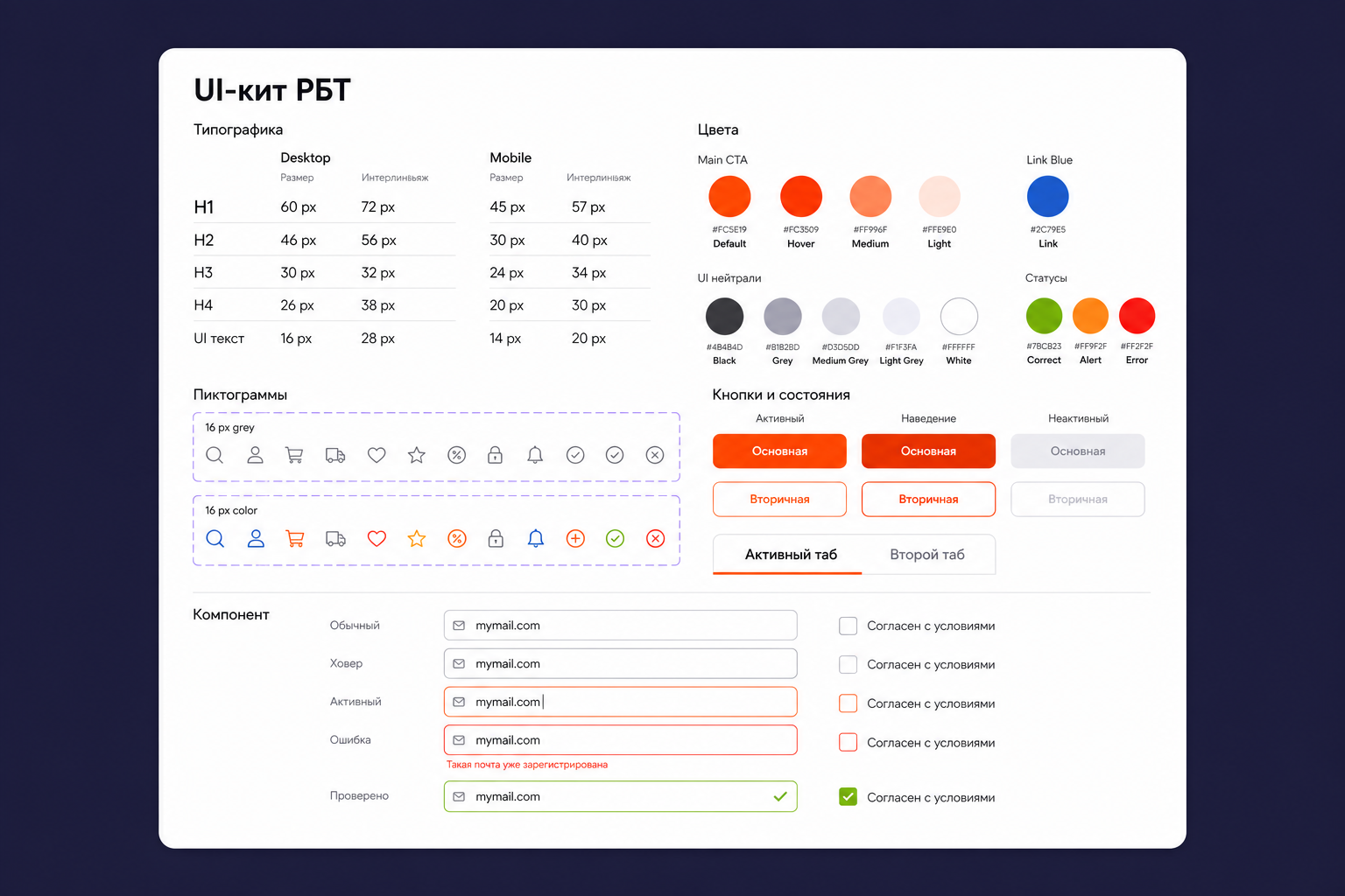 Компоненты, цвета, типографика и пиктограммы UI-кита РБТ