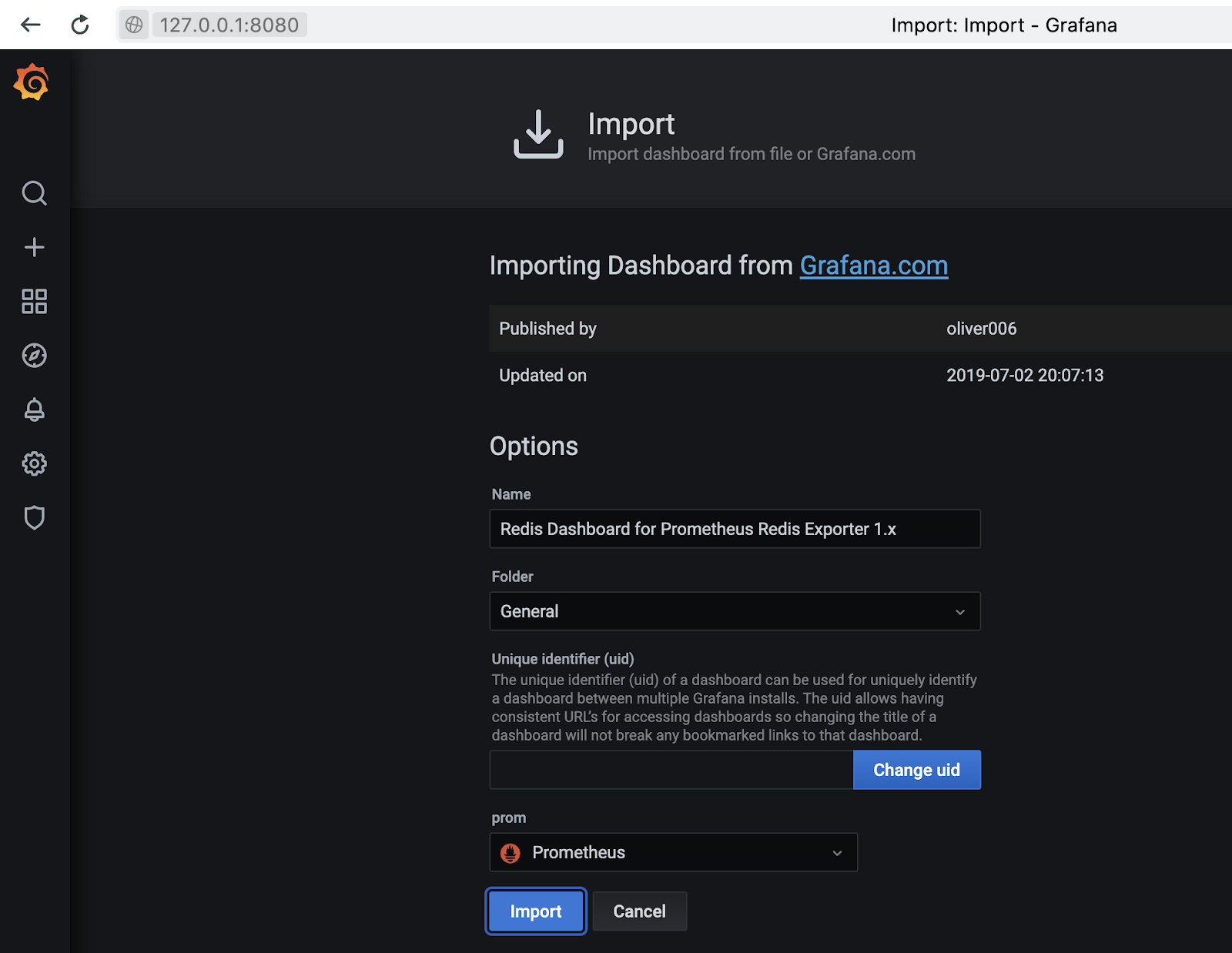 Импорт дашборда Redis в Grafana