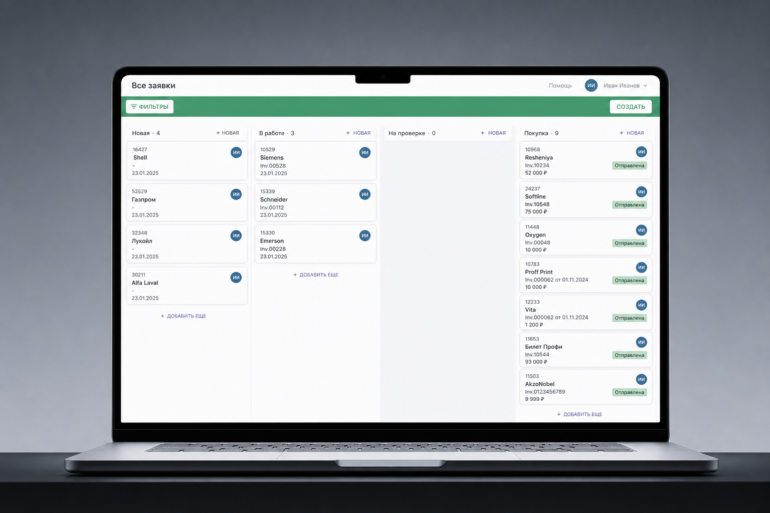 Kanban-доска заявок на закупку автомобилей