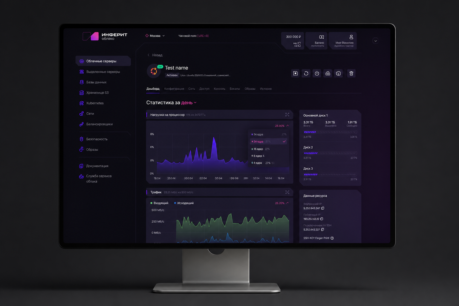 Статистика использования ресурсов виртуального сервера в кабинете «Инферит Облако»