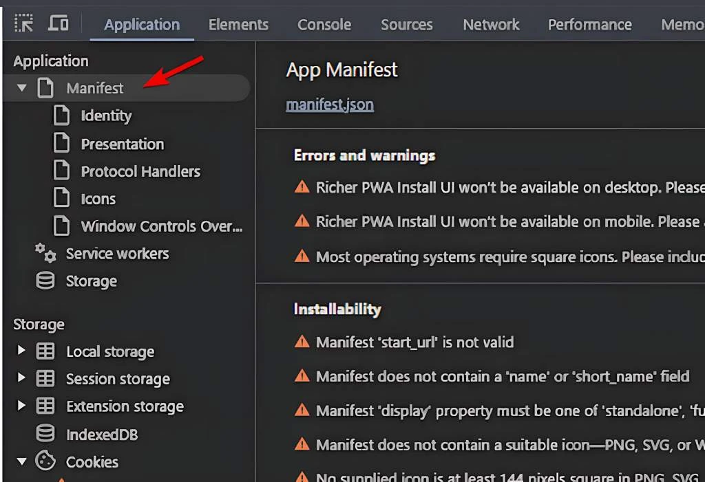 Ошибки пустого Web App Manifest в Chrome DevTools